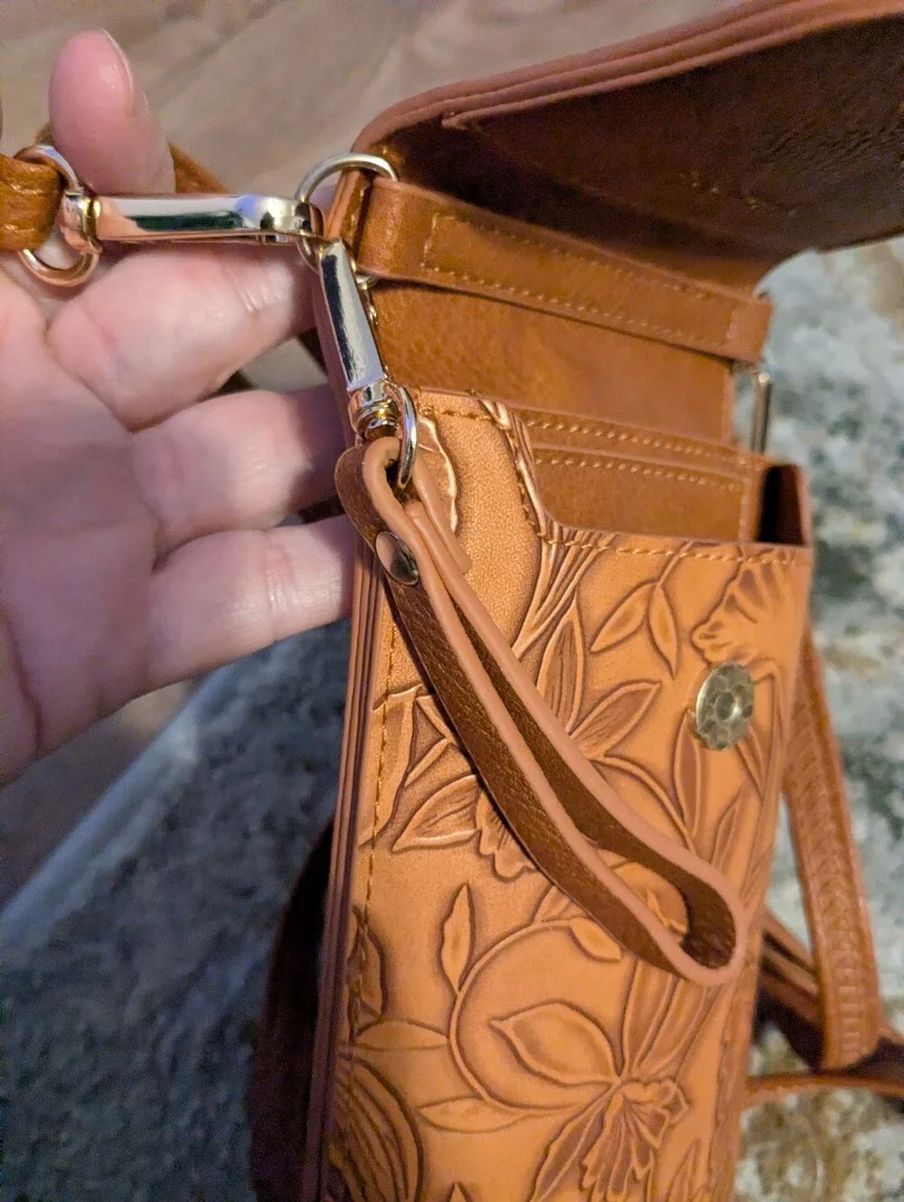Floral  Faux Leather Crossbody Phone Pouch Purse - Brown